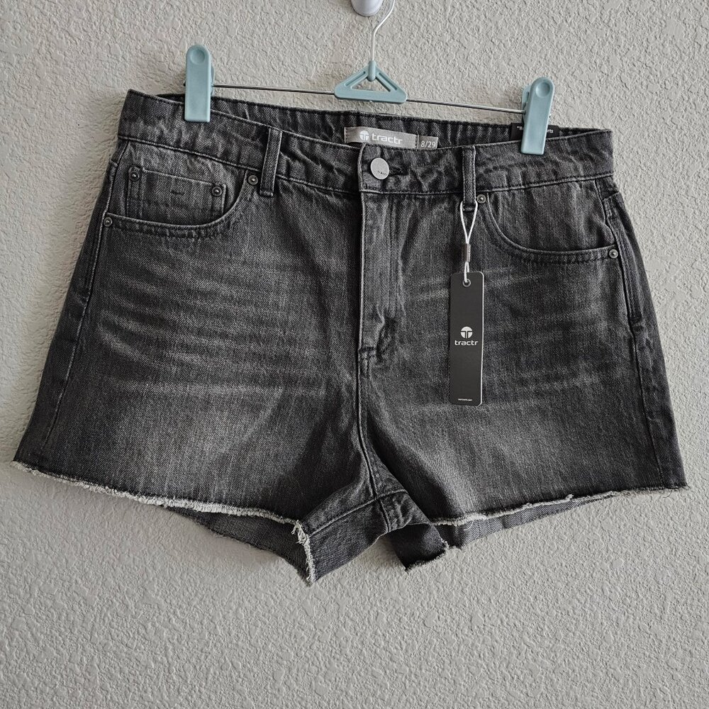 NWT | Tractr Brittany Denim Jean Shorts Washed Black Raw Hem Slim Fit Mid Rise